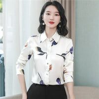 Silk Printed Long Sve  Ne Women's irt Spring 2026 Slim Fit Faion Design Korean Sle Commute Wind Floral Pattern