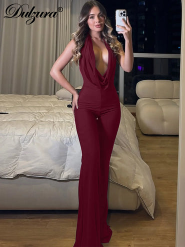 Dulzura Summer Solid Sexy Halter Swinging Collar Backless Slim Lace Up Flared Jumpsuit Women'S Fashion Elegant Party Club Romper