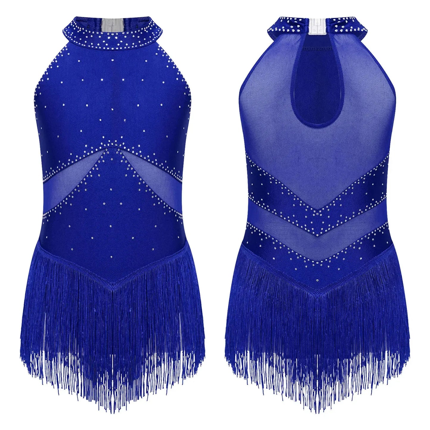 Kids Girls Sleeveless Fringed Bodysuit Moden Latin Jazz Dance Leotard Dress Rhinestones Gymnastics Skating Performance Costumes