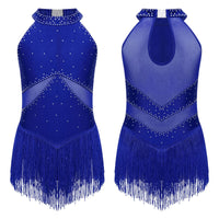 Kids Girls Sleeveless Fringed Bodysuit Moden Latin Jazz Dance Leotard Dress Rhinestones Gymnastics Skating Performance Costumes