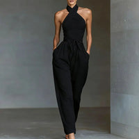 Chic Sexy Ciss Cross Halter Backless Jumpsuit Woman Spring Elegant Solid Tie Waist Romper Summer Hollow Wide Leg Pocket Overalls