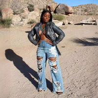 Jeans Women Long Pants Elegant Splice Denim Pant Slim Fit Sexy Hole High Waist Button Pocket Straight Trousers Summer 2024