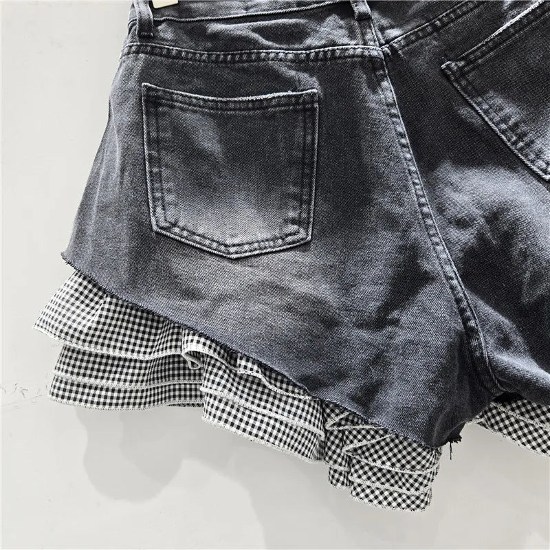 Jeans Shorts Women Vintage Denim Short Pants High Waist Detachable Hem Plaid Cloth Distressed Washed Streetwear Summer Denims