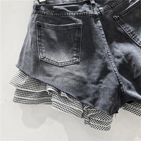 Jeans Shorts Women Vintage Denim Short Pants High Waist Detachable Hem Plaid Cloth Distressed Washed Streetwear Summer Denims
