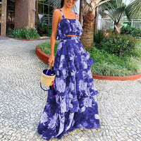 Women Summer Boho Beach Two Piece Set Sexy Skirt Set Crop Top+Maxi Long Skirt Floral Printed Ruffles High Waist Casual Two Piece