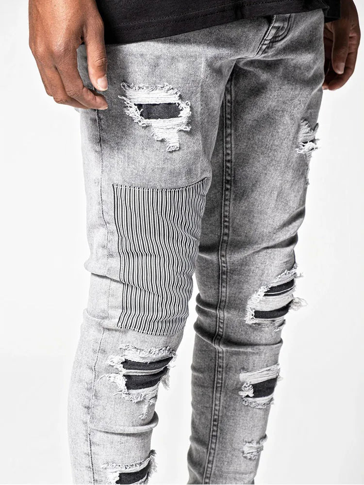 Men's Skinny Ripped Jeans Streetwear Fashion Beggar Patch Men Pencil Pants Grey/Blue Slim Denim Trousers Casual Jeans for Men