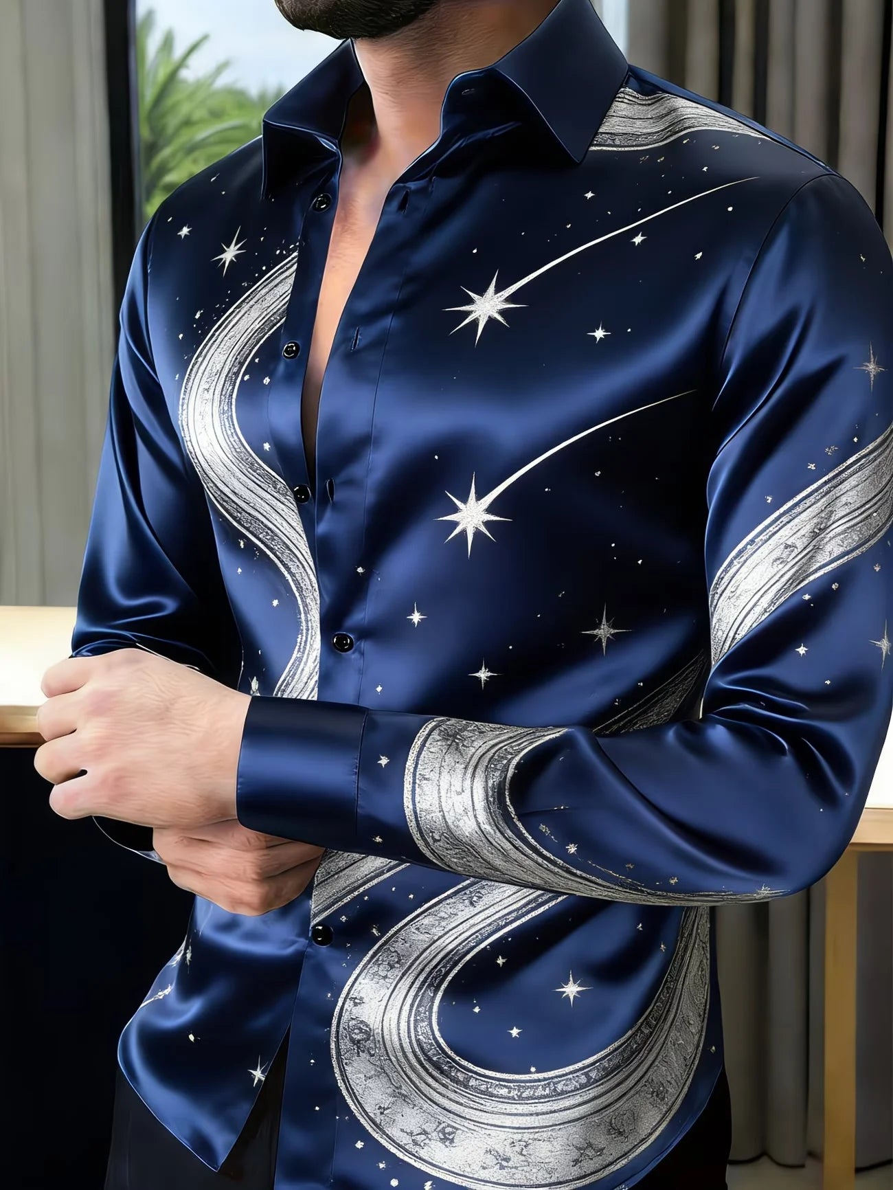 New light luxury palace style iris flower shirt 3D printed men's long sleeved shirt single breasted slim fit top