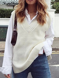 Forefair V Neck Sleeve White Knitted Autumn Winter Women Sweater Vests Casual Loose Outwear Solid Sweater Preppy Style Vests