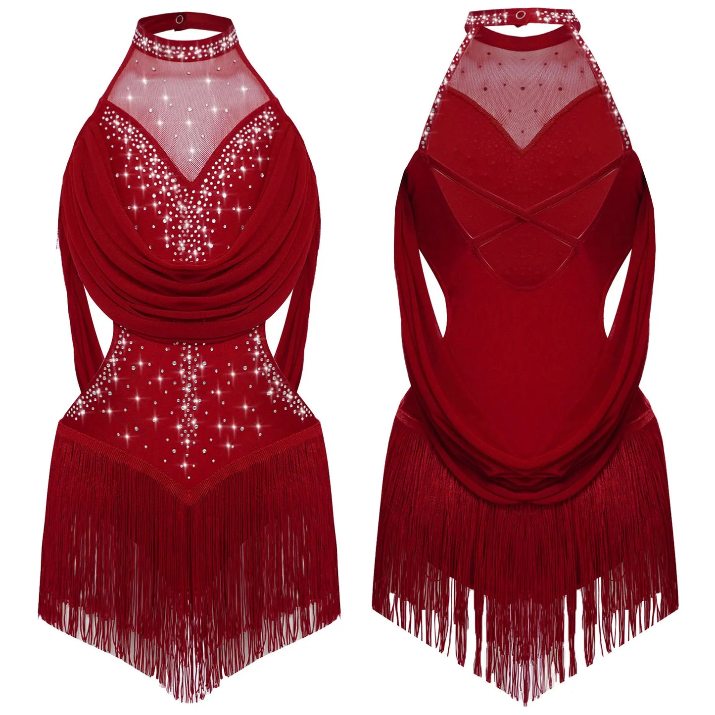 Girls Latin Jazz Rumba Samba Dance Costume Salsa Set Ruched Mesh Drapes Cutout Leotard with Tassel Skirts and 1 Pair Mesh Gloves