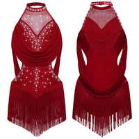 Girls Latin Jazz Rumba Samba Dance Costume Salsa Set Ruched Mesh Drapes Cutout Leotard with Tassel Skirts and 1 Pair Mesh Gloves