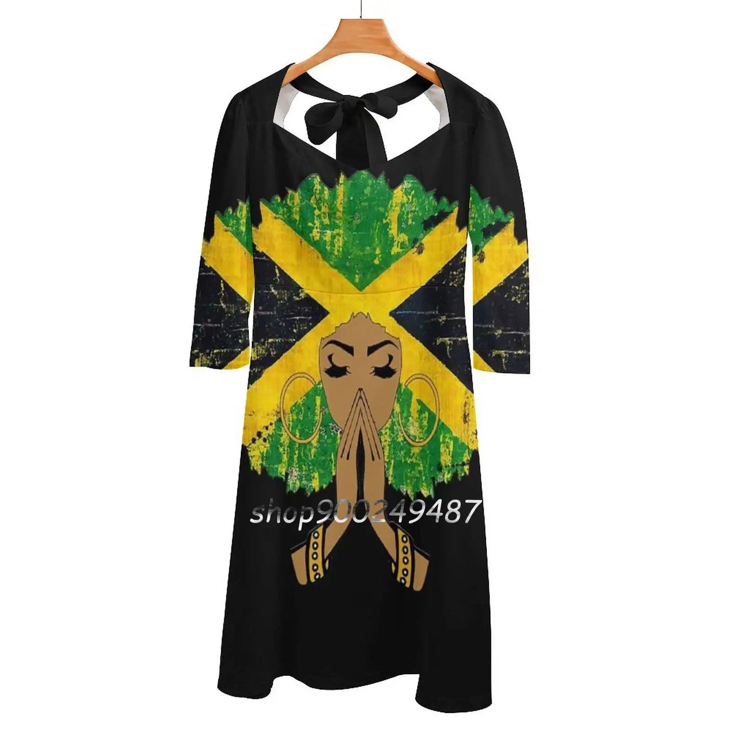 Jamaican Flag Black Woman Melanin Queen Afro Square Neck Dress Sweet Summer Dress Women Elegant Halter Print Dress Jamaica