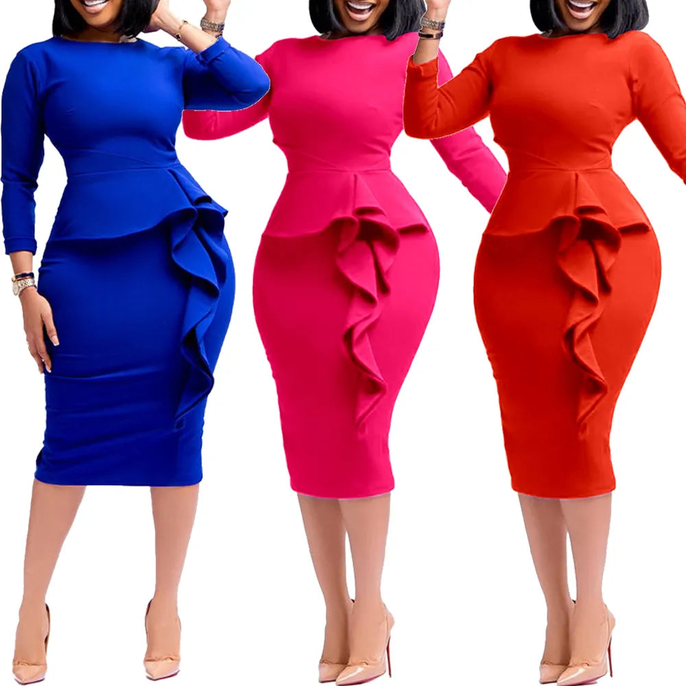 2022 New Arrivals Women African Church Party Dresses Elegant Fashion Long Sleeve Ruffles Knee Length Midi Bodycon Pencil Dress