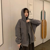 Women Hoodies  Autumn Retro Solid Color Zip Up Oversized Sweatshirts Harajuku Korean Version Long Sleeve Hooded Jackets Coat