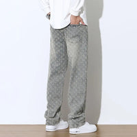 2025 Jacquard Full Print High Street Trendy Brand Ins Design Sense Jeans Loose Straight Tube Washed Wide Leg Long Pants