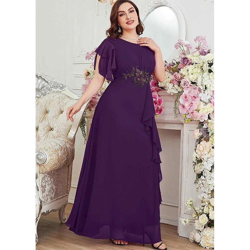 Plus Size Summer Purple Red Chiffon Dress Luxury Wedding Ruffle Applique Plus Size Crew Neck Mixi Dress For Women