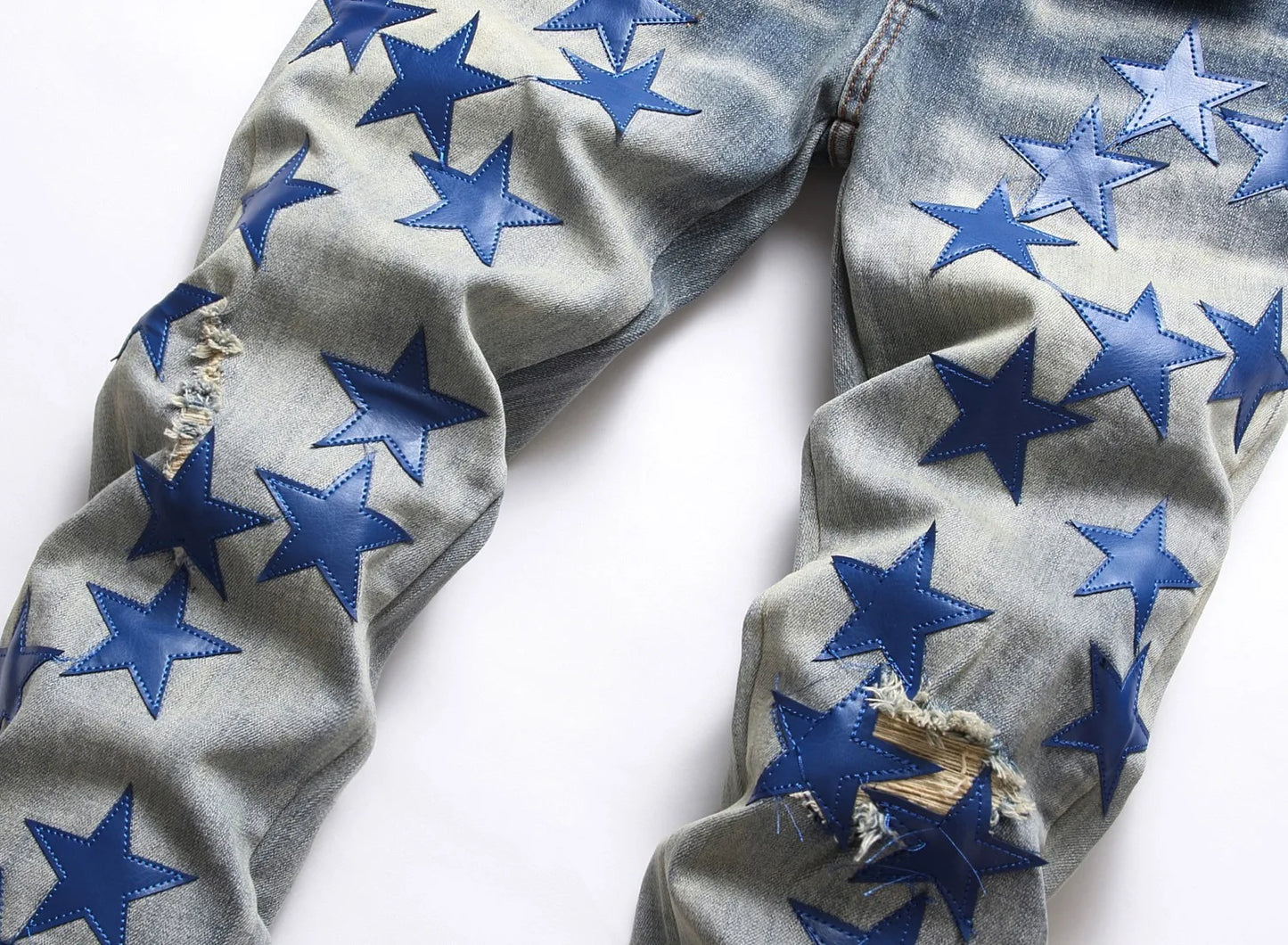 New Style Men’s Light Luxury Blue Ripped Jeans ,Slim Fit Sexy Denim Jeans,Stars Decors Punk Jeans,Trendy Casual Jeans;