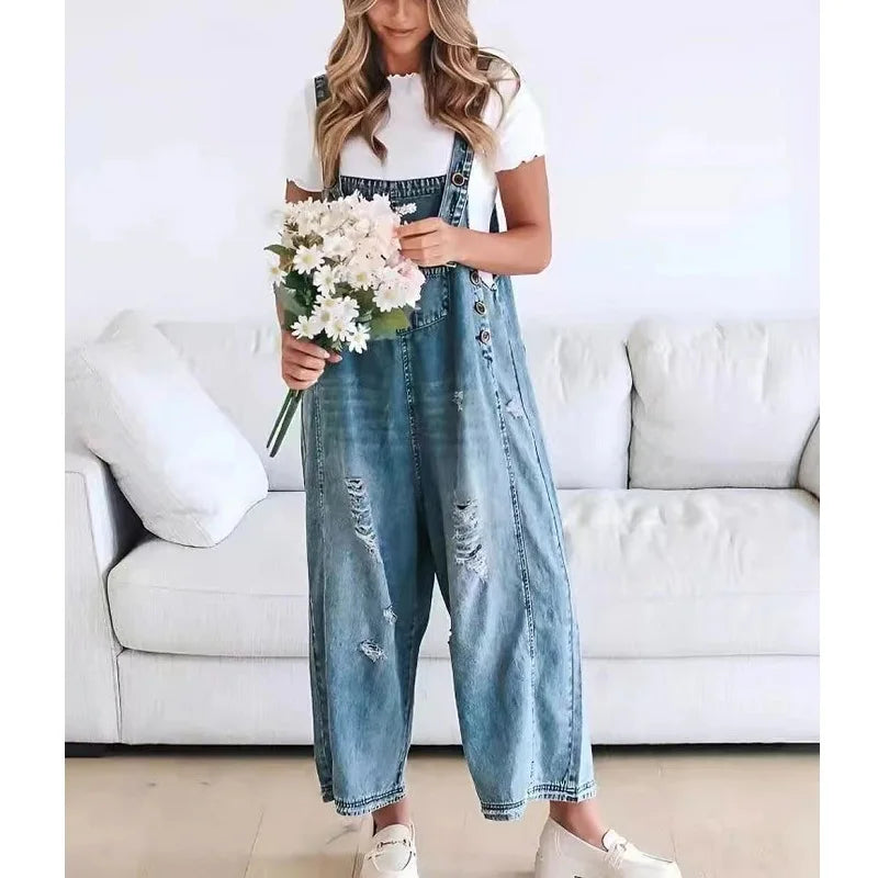 Women Denim Jumpsuits and Rompers Vintage Ripped Hole Wide Leg Jeans Overalls Ladies Casual Playsuits