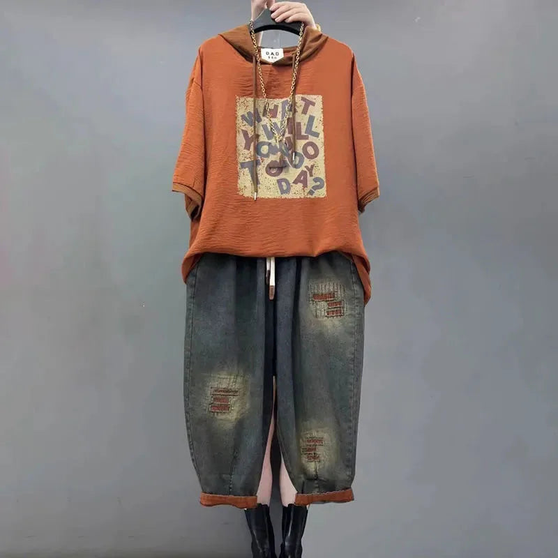 Jeans Set Women Denim Pants Two Piece Set 2025 New Loose Plus size Casual Suit Female Fashion Hooded Printed Jeans Sets