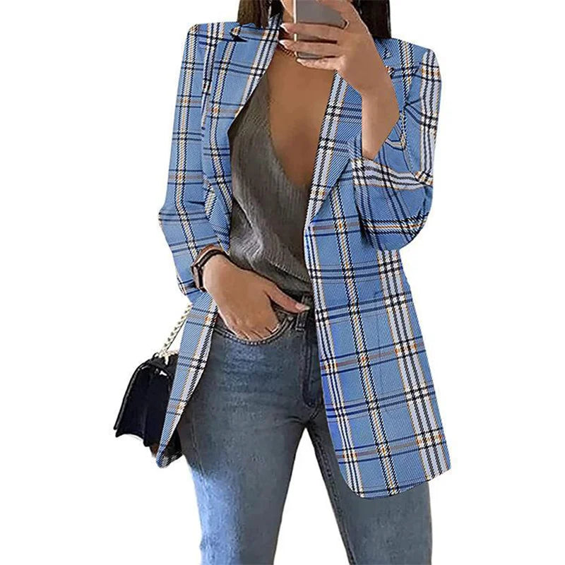 2023 Autumn/Winter Fashion Women's Cardigan Collar Plaid Slim Fit Suit Coat