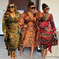 Autumn African Print Dresses for Women Elegant African Long Sleeve V-neck Polyester Red Yellow Orange Long Dress African Clothes