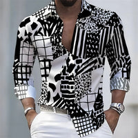 New men's artistic printed long-sleeved shirt, retro color-blocked design, casual shirt, versatile and stylish top for commuting