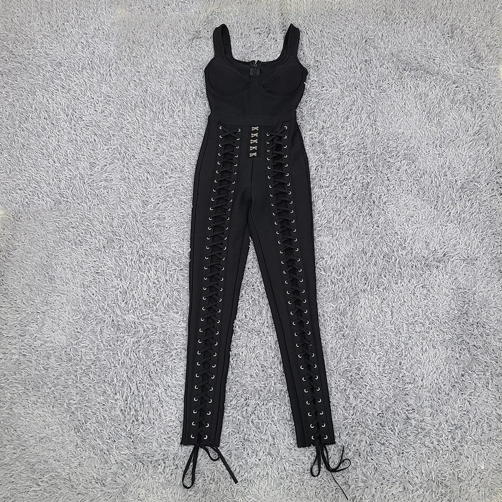 Shipping European Style High Free waist Sleeveless V neck Sexy lady bandage jumpsuit tight long pants one-pcs garment jumpsuit