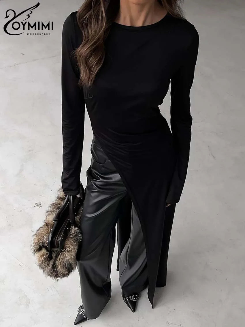 Oymimi Elegant Black Slim Women's Dress Fashion O-Neck Long Sleeve Solid Simple Dresses Spring New Irregular Floor-Length Dress