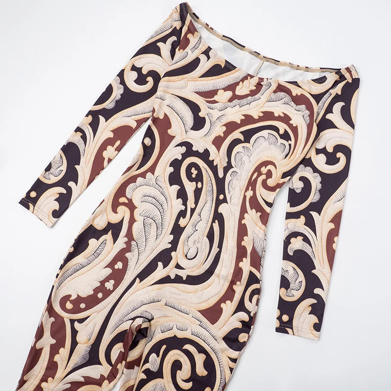 CUTENOVA Fall New Colorful Printed Women'S Jumpsuit  One-Shoulder Strapless Long Sleeves Slim Fit Elastic Ankles Jumpsuit Female