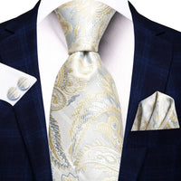 Hi-Tie Champagne Floral Paisley Silk Elegant Tie For Men Groom Wedding Men Necktie Pocket Square Cufflink Accessory Wholesale