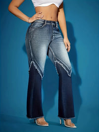 Women's mid-rise fashion casual daily wear jeans, women's slightly flared jeans, color-blocking splicing style, tassel style ver