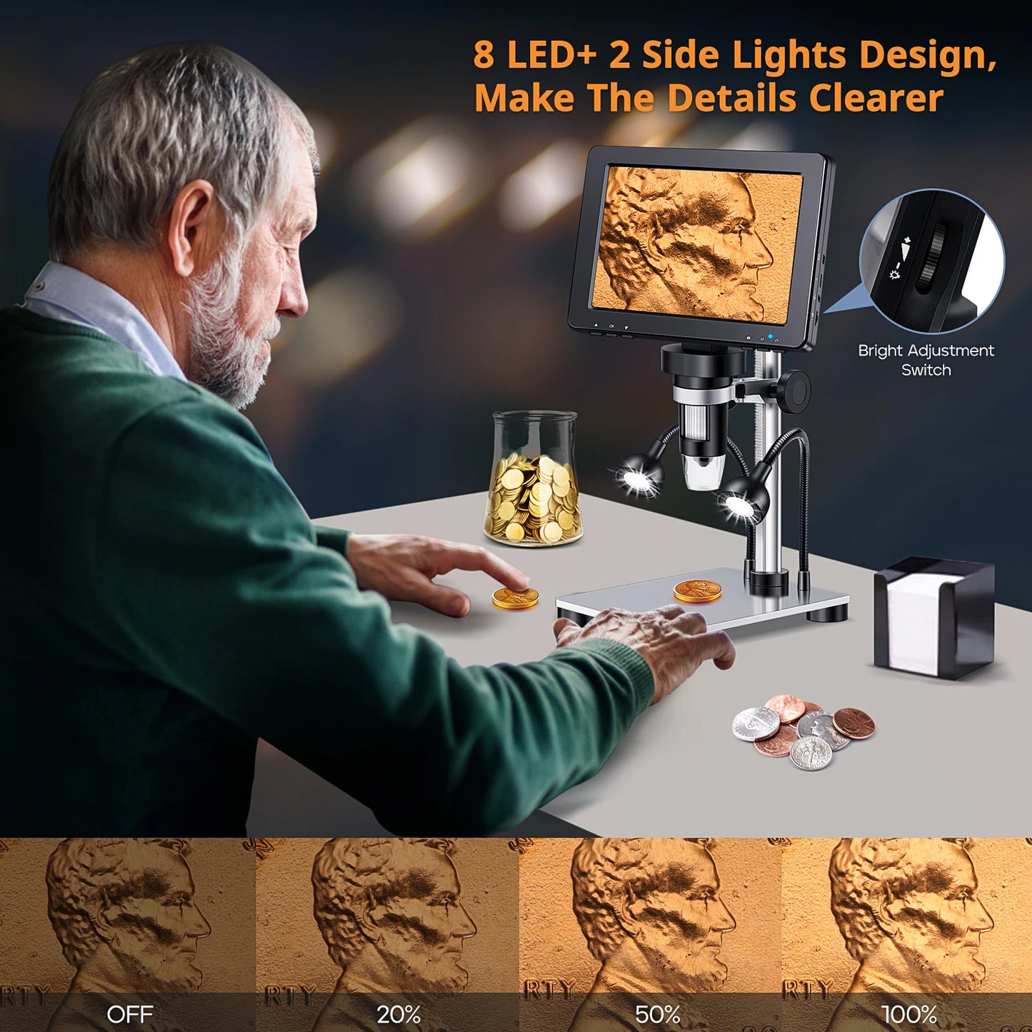 DM9 Digital Microscope with 7inch IPS Screen 1200x Coin Microscope Soldering Microscopios for Repairing With 10 LEDs， PC View