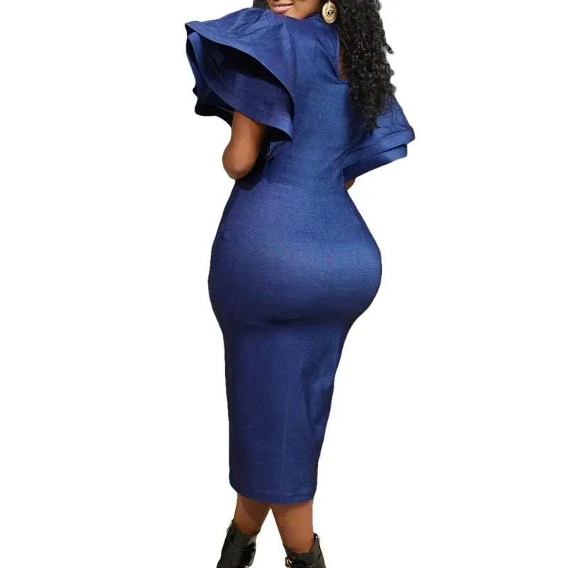 Jean Bodycon Dress African Dresses for Women Elegant Flare Sleeve Long Package Hip Skirt Plus Size Robe Femme African Clothes