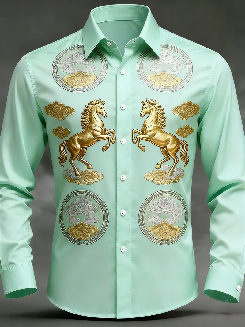 New men's long sleeved shirt casual button lapel 3D printed horse pattern luxurious men's top soft and comfortable