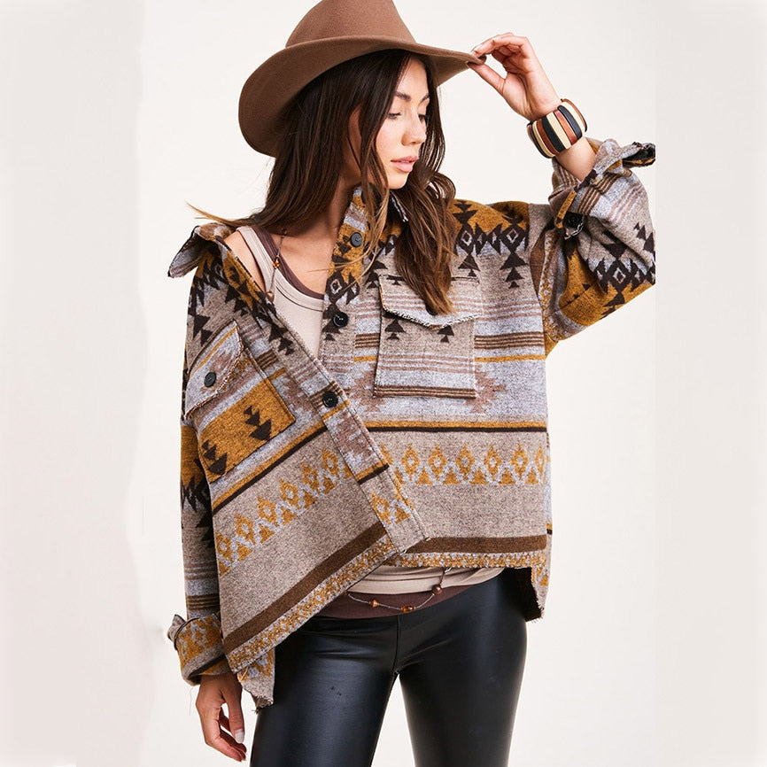 Vintage Jacket Women Splicing Loose Jacket Denim Print Aztec Retro Ethnic Style Long Sleeved Shirt Streetwear Female Goth Coat