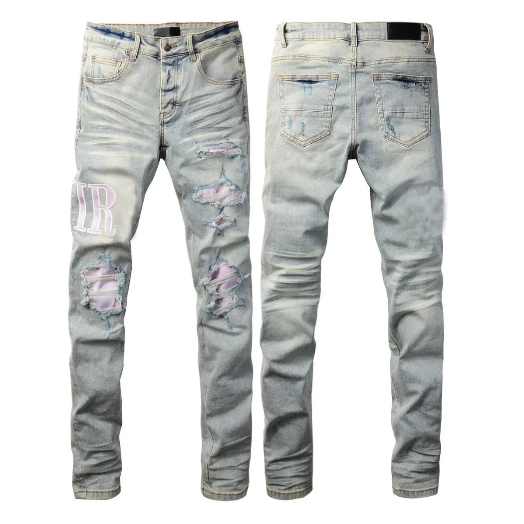 Fashion Top Quality Streetwear Distressed Men's Jeans  Vintage Low Rise Stretch Skinny Button Fly Ripped Hold Pants