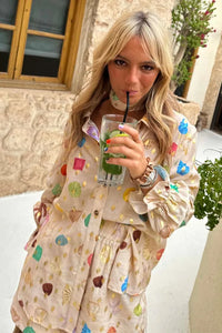 Fashion Printed 2 Piece Set Loose Lapel Long Sleeve Single Breasted Shirt Elastic Waist Shorts Set Women Casual Vacation Suit