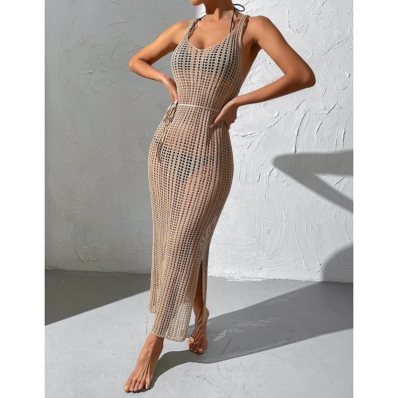 Women Knitted Dress 2022 Summer Causal Solid Midi Skirts Fashion Backless Sexy Hollow Out Slip Ladies holiday Sundress Beachwear