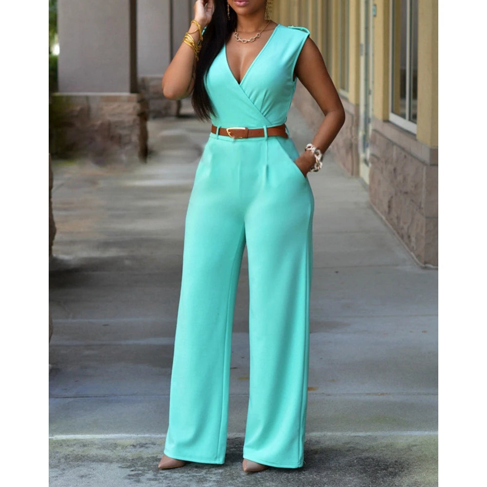 Summer Women Sleeveless Plunge Wide Leg Jumpsuit With Belt Female V Neck Causal One-pieces Office Lady Outfits Elegant Workwear