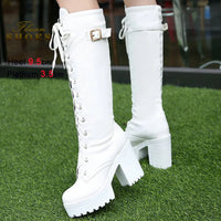 2025 Sexy White Women Knight Boots Coarse Heels Round Toe Knee High Boots Lace Up Multi-belt Buckle High Heeled Boots Size 35-43