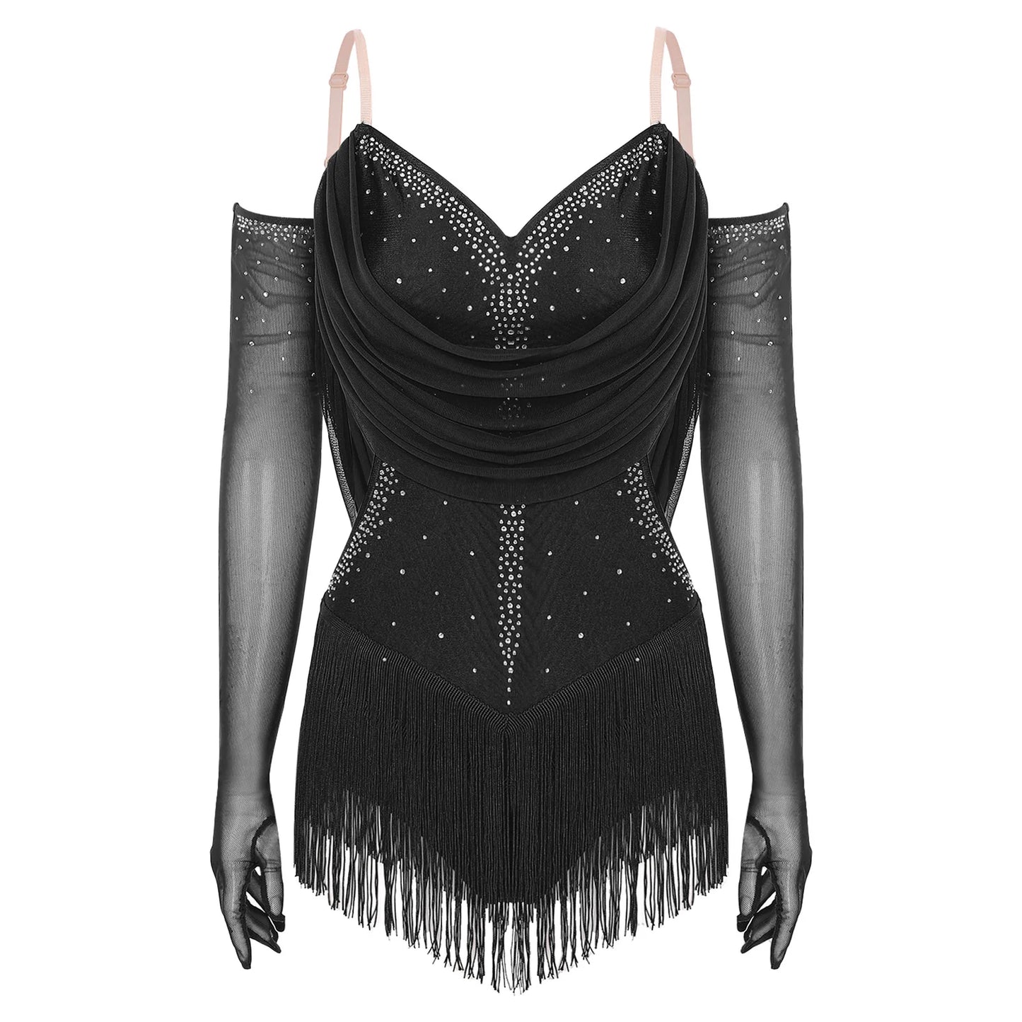 Womens Tassel Latin Rumba Dance Leotard Glittery Cutout Fringed Bodysuit with Gloves Cha-cha Samba Tango Performance Costume