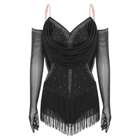 Womens Tassel Latin Rumba Dance Leotard Glittery Cutout Fringed Bodysuit with Gloves Cha-cha Samba Tango Performance Costume