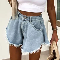 Elegant Office Lady Tassel A-Line Denim Shorts Woman New High Waist Button Wide Leg Short Pants Spring Summer Casual Jean Shorts