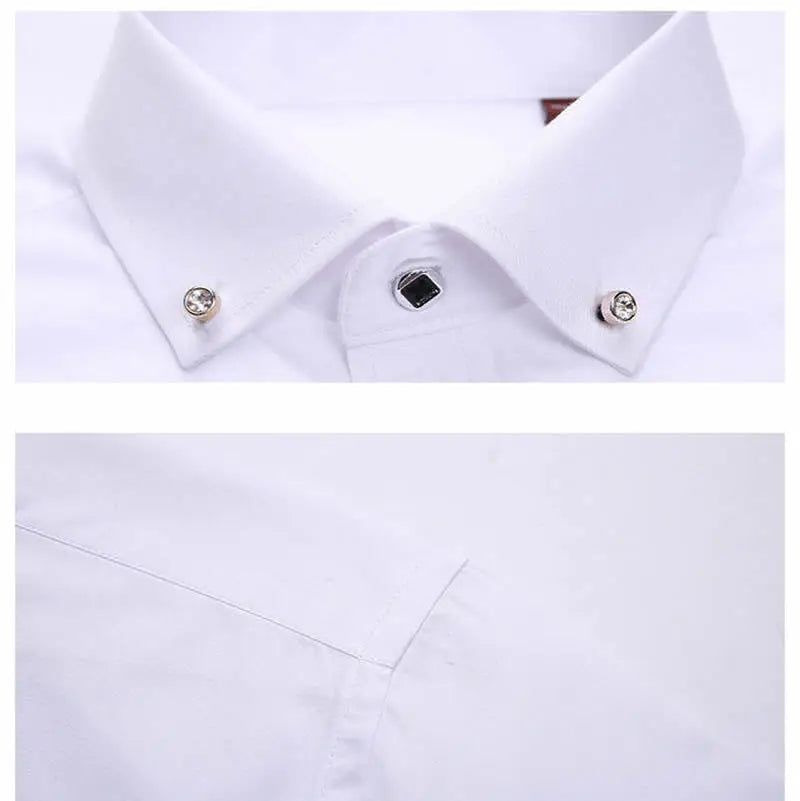 Men's Button-down Shirt Long Sleeve Casual Formal Business Dress Shirts Pocket-less Solid Color Blue White Tops Korean Slim Fit