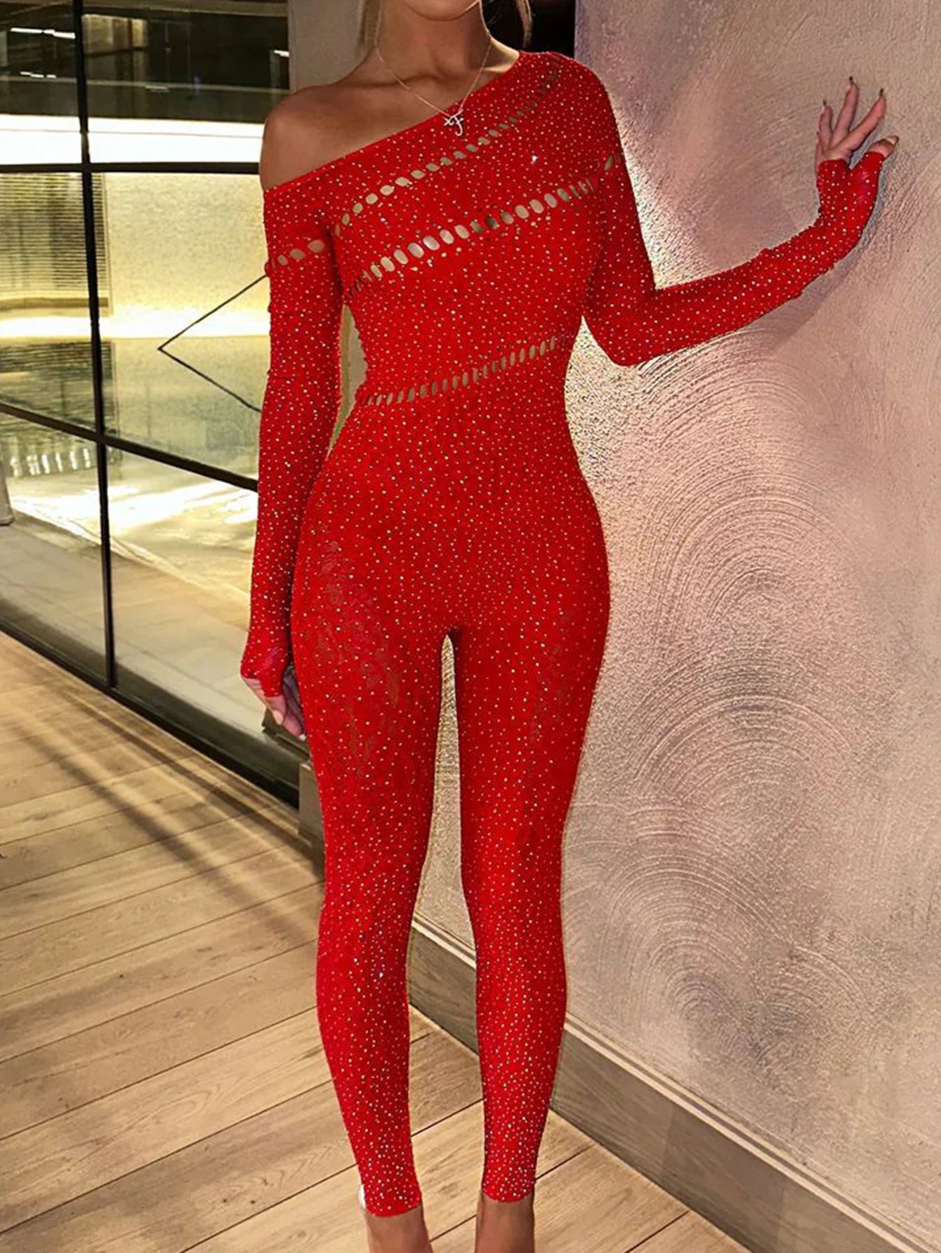 Sexy Long sleeve rhinestone bodycon jumpsuit women body bodysuit birthday party club Hollow out outfits womens jumpsuits overall