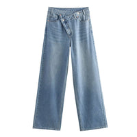 2025 Fashion Women Slanted Placket Blue Jeans Female Wide Leg Pants Long Pants High Street Ripped Jeans Versatile Retro