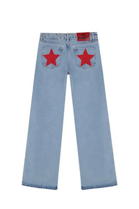 ONE DILEMMA American Fashion Jeans Womens Red Five Pointed Star Sequined Rivet Baggy Jeans Y2K Casual Mid Rise Slim Trousers