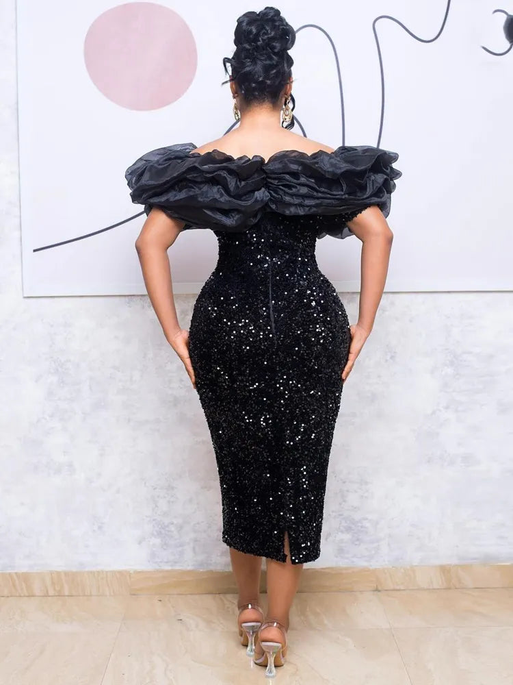 Women Classy Off Shoulder Black Sequin Dress Backless Ruffles Trim Velvet Glitter Dresses Bodycon Party Club Wedding Guest Gown