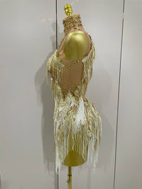 Stock 2025 Women Sexy Stretch Mesh Sparkly Rhinestone Tassels Mini Dress Nightclub Singer Dance Stage Costume Evening Gowns