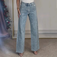 Jeans for Women Straight Diamonds Pants Stretch High Waist Washed Mom Jeans Vintage Denims Streetwear Y2k Streetwear Trousers