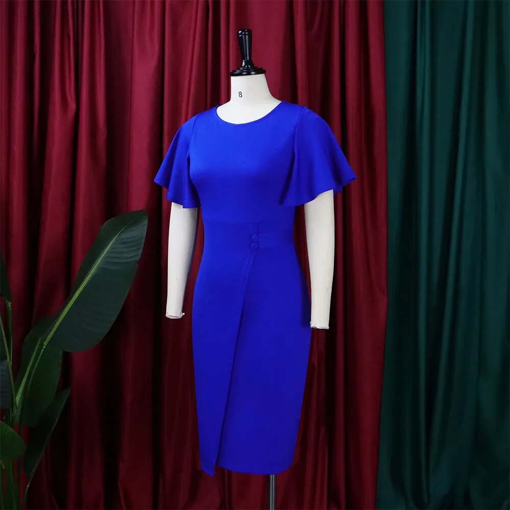 Office Lady Dress New African Style Blue Burgundy Sheath Summer Midi Length Ruffles High Waist Elegant Work Business Dresses Hot